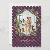 紫の金ゴールド格子模様ホリーフォトメリークリスマスカード シーズンカード (正面)