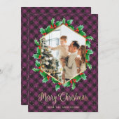 紫の金ゴールド格子雪の水の色フォトクリスマス シーズンカード (正面/裏面)