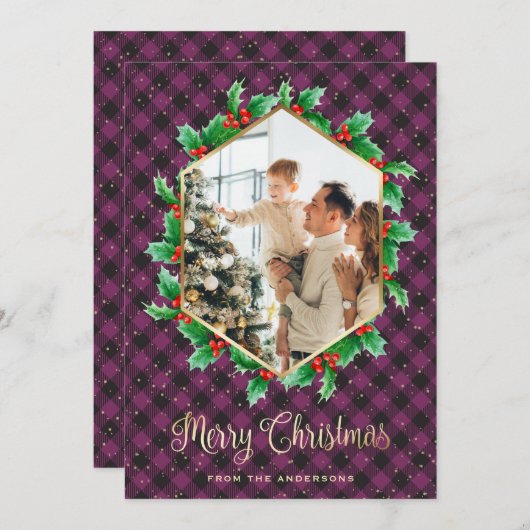 紫の金ゴールド格子雪の水の色フォトクリスマス シーズンカード (正面/裏面)