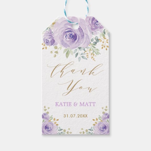 紫の金ゴールド水色フローラ結婚式パーティーの好意 ギフトタグ (正面)