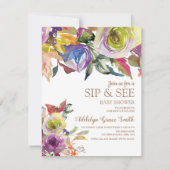 紫の金ゴールド水色フローラsip参照ベビーシャワー 招待状 (正面)