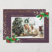 紫の金ゴールド水色ホリーフォトクリスマスカード シーズンカード (正面/裏面)