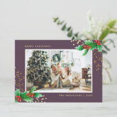 紫の金ゴールド水色ホリーフォトクリスマスカード シーズンカード (スタンド正面)