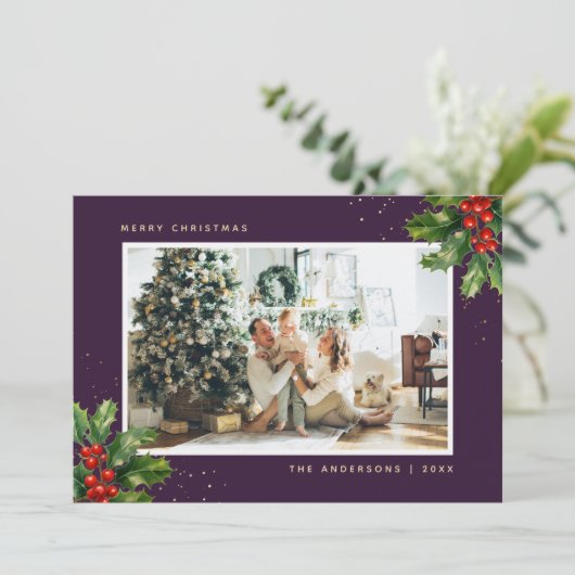 紫の金ゴールド水色ホリーフォトクリスマスカード シーズンカード (スタンド正面)