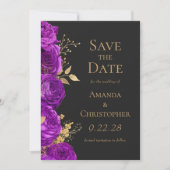 紫の金ゴールド濃いフローラ日付の保存 案内状 (正面)