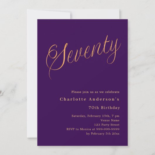 紫の金ゴールド脚本70歳の誕生日 招待状 (正面)