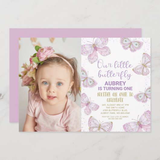 紫の金ゴールド蝶の写真1st誕生日 招待状 (正面/裏面)