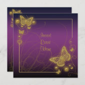 紫の金ゴールド蝶の黒い渦巻き 招待状 (正面/裏面)