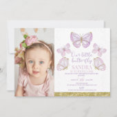 紫の金ゴールド蝶ガールズ写真1st誕生日 招待状 (正面)