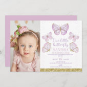 紫の金ゴールド蝶ガールズ写真1st誕生日 招待状 (正面/裏面)