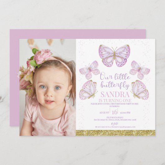 紫の金ゴールド蝶ガールズ写真1st誕生日 招待状 (正面/裏面)