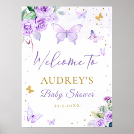 紫の金ゴールド蝶フローラ赤ちゃんシャワーへようこそ ポスター