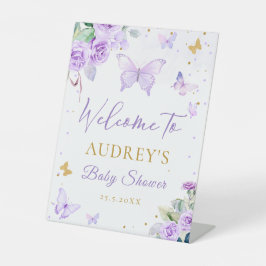 紫の金ゴールド蝶フローラ赤ちゃんシャワーへようこそ 台座サイン