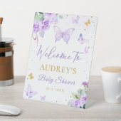 紫の金ゴールド蝶フローラ赤ちゃんシャワーへようこそ 台座サイン (インサイチュ)