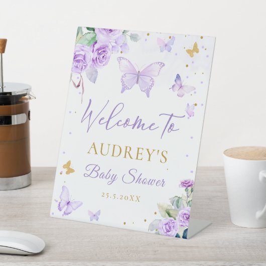 紫の金ゴールド蝶フローラ赤ちゃんシャワーへようこそ 台座サイン (インサイチュ)