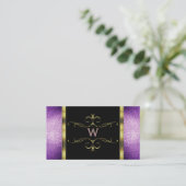 紫の金ゴールド装飾モノグラム付き黒グリッター 名刺 (スタンド正面)