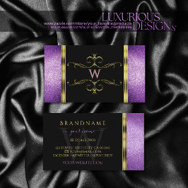 紫の金ゴールド装飾モノグラム付き黒グリッター 名刺