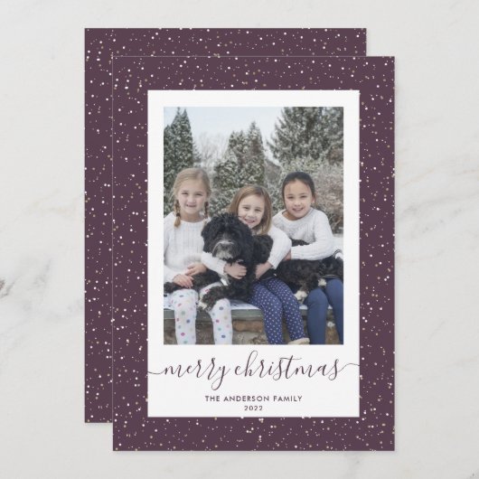 紫の金ゴールド雪の写真メリークリスマスカード シーズンカード (正面/裏面)