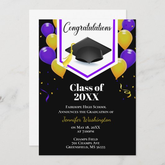 紫の金ゴールド黄色と黒の紙吹雪 招待状 (正面/裏面)