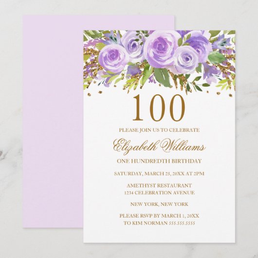 紫の金色の花のバラ 100歳の誕生日 招待状 (正面/裏面)