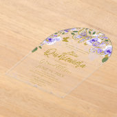 紫の金色の花の蝶 キンセニェーラ アクリル招待状 (レイダウン)