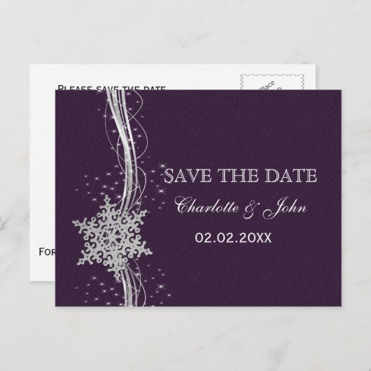 紫の銀の雪の結晶の冬の日付を保存 案内ポストカード (正面/裏面)