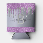 紫の銀グリッターはパーティーモノグラムを乾燥 缶クーラー (正面)