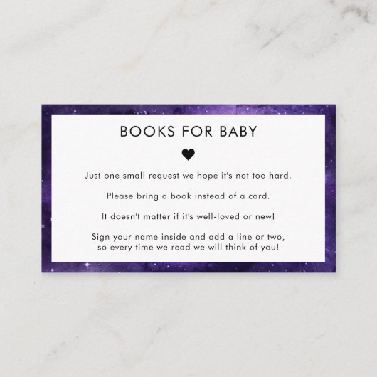 紫の銀河系ミニマリストの赤ちゃんシャワー用ブック エンクロージャーカード (正面)