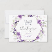 紫の銀色の蝶の赤ちゃんシャワーサンキューカード カード (正面)