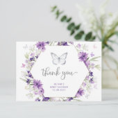 紫の銀色の蝶の赤ちゃんシャワーサンキューカード カード (スタンド正面)