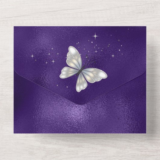 紫の銀蝶ガウンきらめく誕生日 オールインワン招待状 (裏面)