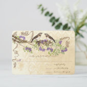 紫の開花グリーンリーフヴィンテージバードウェディングRSVP 出欠カード (スタンド正面)