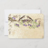 紫の開花グリーンリーフヴィンテージバードウェディングRSVP 出欠カード (裏面)