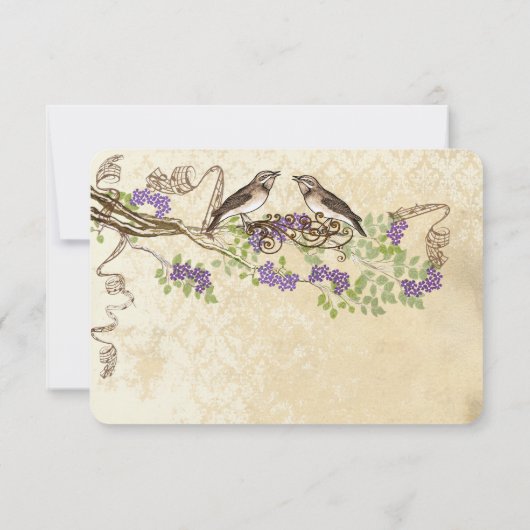 紫の開花グリーンリーフヴィンテージバードウェディングRSVP 出欠カード (裏面)
