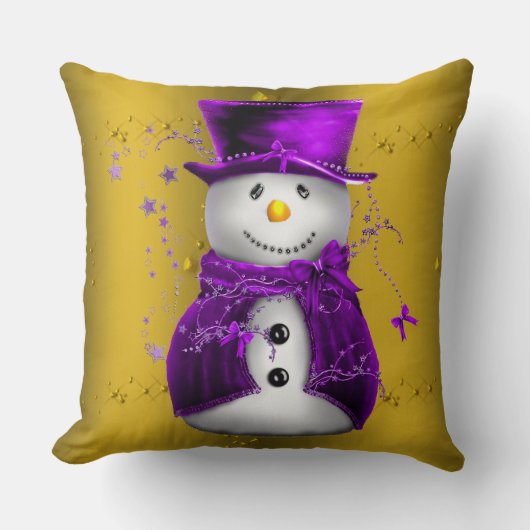 紫の雪だるまオン金ゴールドクリスマス クッション (正面)
