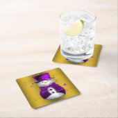 紫の雪だるまオン金ゴールドクリスマス スクエアペーパーコースター (インサイチュ)