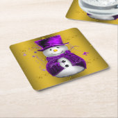 紫の雪だるまオン金ゴールドクリスマス スクエアペーパーコースター (アングル)
