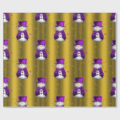 紫の雪だるまオン金ゴールドクリスマス ラッピングペーパー (フラット)