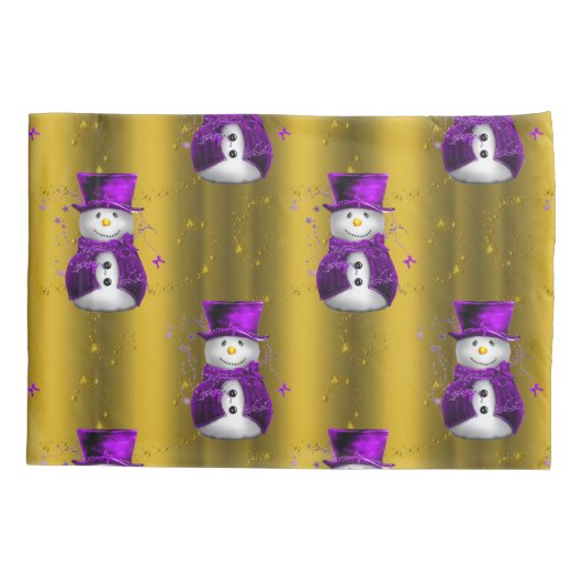 紫の雪だるまオン金ゴールドクリスマス 枕カバー (裏面)