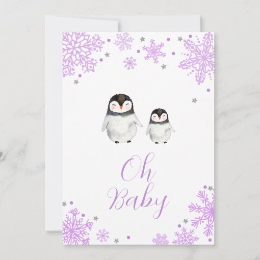 紫の雪片ペンギン赤ちゃんシャワー 招待状 (裏面)