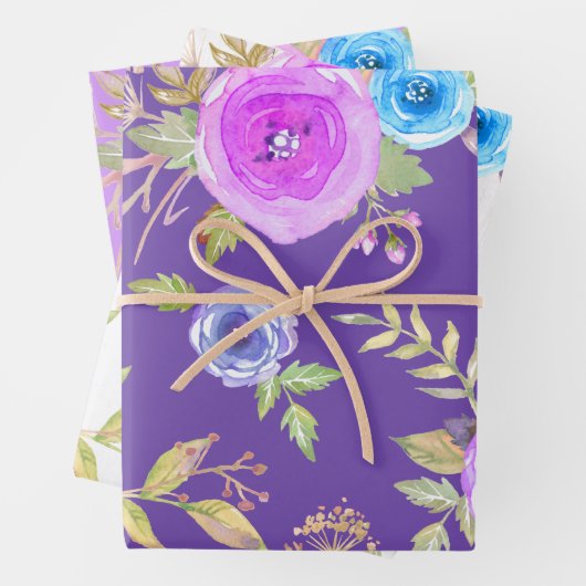 紫の青いフローラの水色の国シックエレガント ラッピングペーパーシート (インサイチュ)