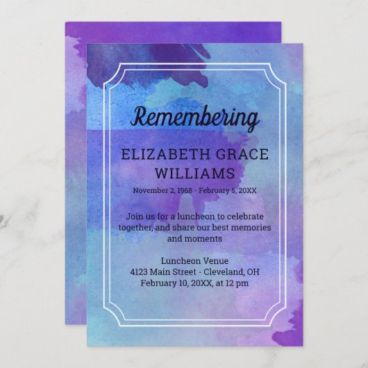 紫の青い水彩記念物語 招待状 (正面/裏面)