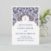 紫の青のフローラ。金ゴールドインディアンボリウ結婚ッド 箔招待状 (立ち正面)