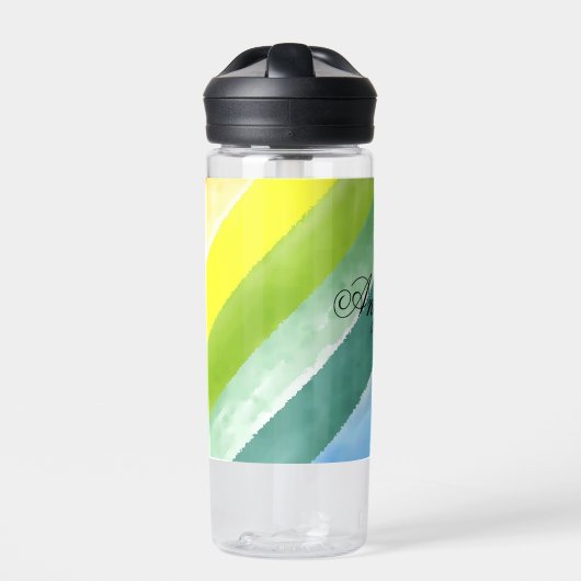 紫の青の斜ストライプ斜め水彩名学校 ウォーターボトル (正面)