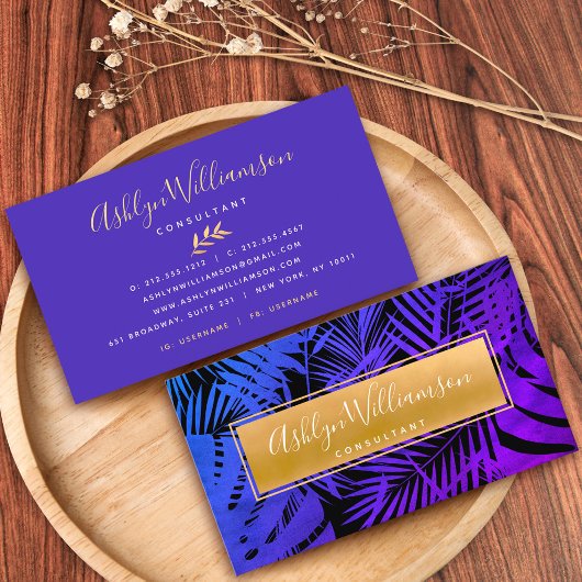 紫の青の熱帯グラデーションパーム金ゴールドシックなスクリプト 名刺