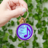 紫の音符青い円が星の遊ブルー キーホルダー (手)