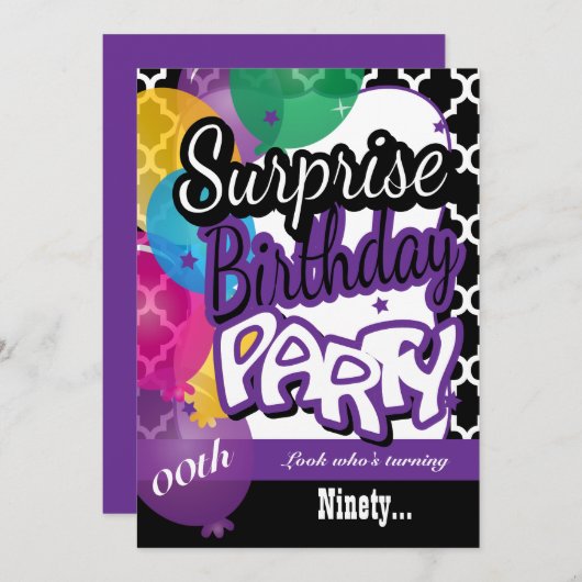 紫の風船でサプライズ００歳の誕生日 招待状 (正面/裏面)