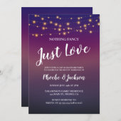 紫の駆け落ち結婚パーティーのストリングライト 招待状 (正面/裏面)