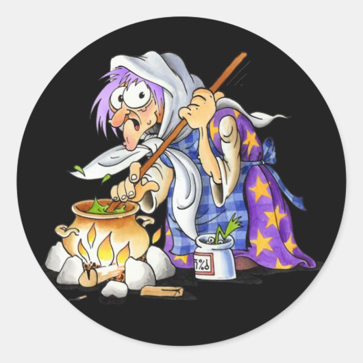 紫の魔女と黒いハロウィーンステッカー ラウンドシール (正面)