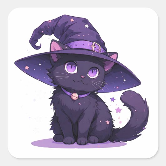 紫の魔女の帽子をかぶったかわいい黒猫の魔法✨ スクエアシール (正面)